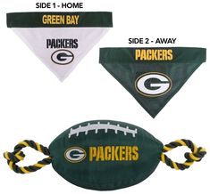 two green bay packers bandannas and a football