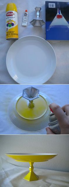 three different pictures showing how to make an upside down cake stand with plastic plates on it