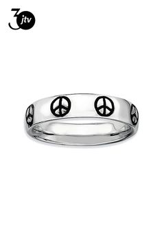 Black enamel rhodium over sterling silver peace sign band ring. Measures approximately 3/16'L x 3/16'W. Not Sizeable. Black And White Rings, White Rings, Peace Sign, White Ring, Black Enamel, Band Ring, Band Rings, Black And White, Band