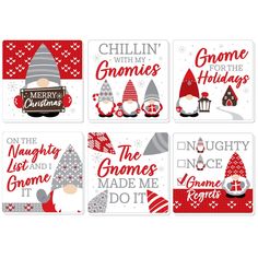 four christmas cards with gnomes on them