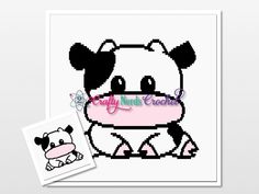 an image of a cross stitch cow with a pink blanket on it's chest