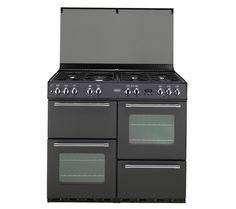 a black stove top oven with two burners and one door open on an isolated white background