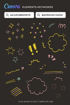 a black background with yellow, pink and blue doodles on the left side