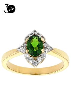 0.70ct Oval Chrome Diopside With 0.29ctw Round White Zircon 18k Yellow Gold Over Sterling Silver Halo Ring. Measures Approximately 0.45"L x 0.47"W. Not Sizeable. Accent Stones Primarily Zircon. Sterling Silver Halo Ring, Silver Halo Ring, Green Chrome, Halo Ring, Halo Rings, Halo, 18k Gold, Yellow Gold, Sterling Silver