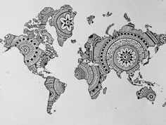 a drawing of the world map in black and white with an intricate design on it