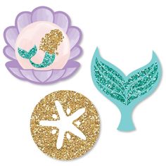 mermaid tail, starfish tail and glitter stickers on a white background with gold glitter