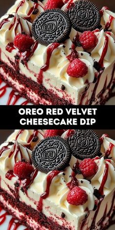 oreo red velvet cheesecake dip with raspberries and oreos on top