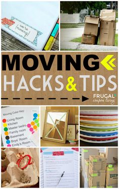 moving hacks and tips collage with images of boxes, mailboxes and other items