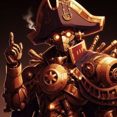 an animated robot with a pirate hat on holding up his hand and pointing to the side