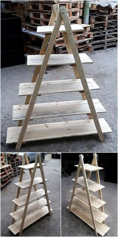 three different pictures of wooden shelves stacked on top of each other in various stages of construction