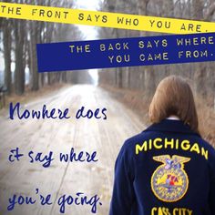 a person walking down a dirt road with a police jacket over their shoulders and the caption says, the front says who you are