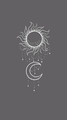 the sun and moon are drawn in white ink on a gray background, with stars