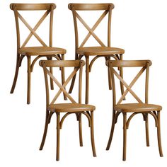 four wooden chairs sitting next to each other