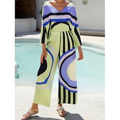 Season:Spring  Summer; Fabric:Satin; Look After Me:Machine wash; Gender:Women's; Style:Modern Contemporary,Beach; Elasticity:Inelastic; Occasion:Daily Wear,Vacation; Details:Only pants; Fit Type:Relaxed Fit; Waistline:Natural; Pattern:Plaid / Striped / Chevron / Round; Design:Print,Geometrical,Chandelier; Trends:Breathable,Print,Loose; Pants Type:Pants Trousers,Straight,Relaxed; Fly Type:Elasticity; Listing Date:05/17/2024; Production mode:External produce; Inseam:; Hips:; Waist:; Pattern Theme:Line; Fit US Size:; Fit UK Size:; Pants Length:Full Length; Pant Length:; Looseness:Loose Fit; Inclusion:Elasticated Waistband; Fabric Properties:LuxeSatin - Discover the essence of quiet luxury in our exclusive Subtly Glossy Luxe Satin, it is drapey and sleek like silk. Designer Bottoms, Poncho Blouse, Pants Fit, Pantalon Large, Loose Pants, Round Design, Type Of Pants, Zambia, Sleeveless Maxi Dress