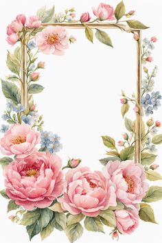 a floral frame with pink flowers and green leaves