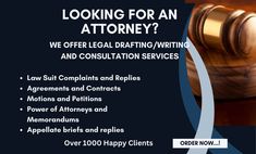 a poster with the words looking for an attorney? we offer legal drafting and consulting services