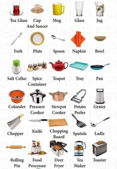 the kitchen utensils are labeled in many different languages, including english and spanish