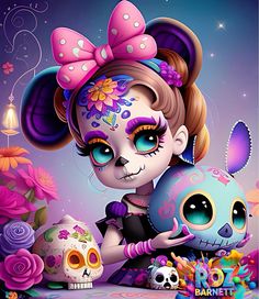 a painting of a girl holding a skull next to two skulls and flowers on a purple background