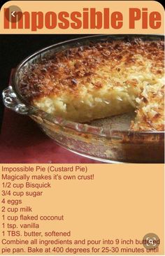 the recipe for impossible pie is shown in this poster