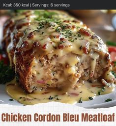 the chicken cordon bleu meatloaf is covered in gravy