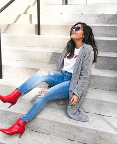 Preppy Trends, Fall Boots Outfit, Red Booties, Moda Chic, Transition Outfits, Red High