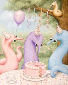 three animals are sitting at a table with a cake and balloons in front of them