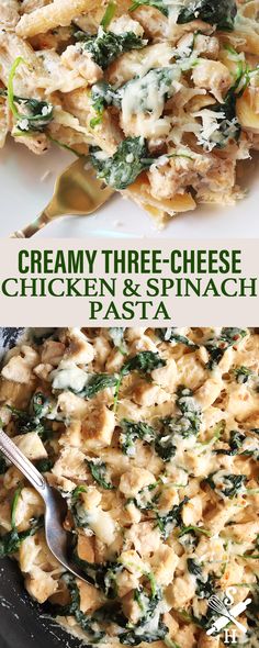 creamy three - cheese chicken and spinach pasta in a skillet