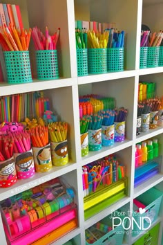 many different colored pencils and markers are on the shelves