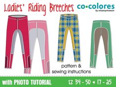 the ladies'riding breeches pattern and sewing instructions are shown in three different colors