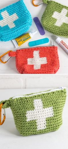 three crocheted purses with medical supplies in them