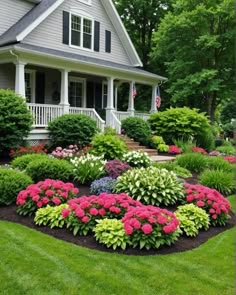 a flower bed in front of a house with pink and green flowers on the lawn