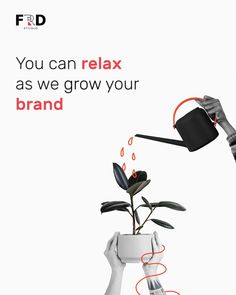 a person holding a watering can with a plant in it and the caption you can relax as we grow your brand