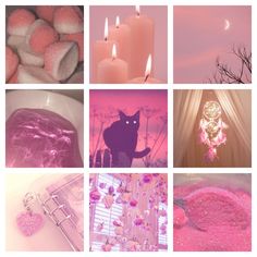 a collage of pink and white images with candles, hearts, flowers, cat