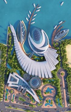 an aerial view of a futuristic city by the water