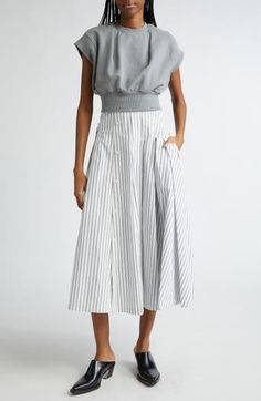 Achieve a two-piece look with one-and-done ease wearing an all-cotton dress designed to look like an unstructured sweatshirt atop a crisp striped skirt. 46 1/2" length (size Medium) Crewneck Short sleeves Side-seam pockets Partially lined 100% cotton Dry clean or machine wash, dry flat Imported Striped Skirt, Cotton Midi Dress, Stripe Skirt, 3.1 Phillip Lim, Phillip Lim, Nordstrom Dresses, Cotton Dress, Cotton Dresses, Designer Dresses