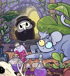 an image of two cartoon characters in the middle of a room with plants and bottles