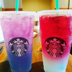 two drinks with different colored beverages in them