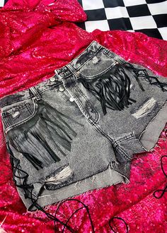 "No Thank You Leather Fringe Denim Shorts Dark wash denim shorts with hand sewn leather fringe on front pockets. Sides are laced with leather with long tassels. on both back pockets are patches with skeleton hands that say \"No Thank You\".  Perfect for festivals or just everyday attitude.  Women's size 8. High rise. Relaxed fit. Button fly. Super soft and comfy. Handmade. Only one pair available." Hand Sewn Leather, Rock N Roll Style, Rock N’roll, Skeleton Hands, Denim Shorts Women, Leather Fringe, Dark Wash Denim, Rock N, Dye T Shirt