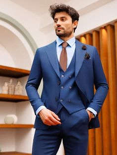 This is a Classy Three Piece Suit by  GoldenFashionStore /crafted from high quality fabric and imported materials. Our products are handcrafted by experienced tailors who make sure the that the stitching is precise, lining is proper and the overall product is sturdy enough to not go out of shape for more than a few years. Also all our products have extra margins in their length, sleeves, sides so it's easily alterable if your size changes after some time. To see more available colours and design Luxury Blue Three-piece Men's Suit, Luxury Blue Three-piece Suit For Men, Luxury Blue Single-breasted Three-piece Suit, Luxury Blue Three-piece Suit For Party, Terracotta Suit, Three Piece Suit Wedding, Navy Slim Fit Suit, Blazer Waistcoat, Blue Slim Fit Suit