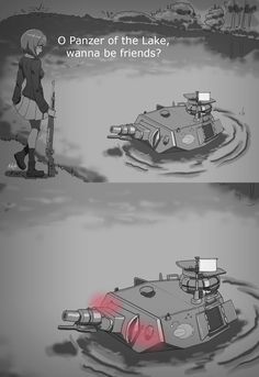 two cartoon images with the caption'o panzer of the lake, wanna be friends? '