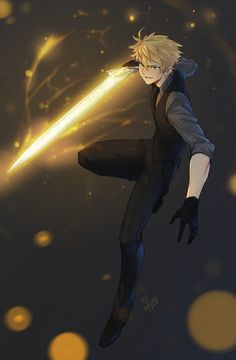 an anime character flying through the air with a light saber in his hand and gold circles around him