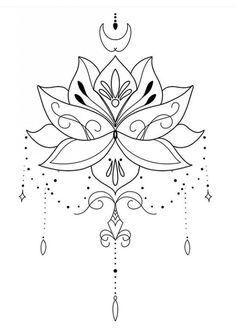 a black and white drawing of a flower with drops on it's petals in the center