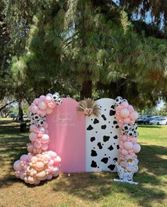 a pink and white backdrop with balloons in the shape of hearts, cowgirl's name on it