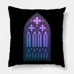 a black pillow with a purple and blue stained glass window in the center on a white background