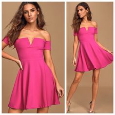 Nwt Lulus Fuschia Pink Off Shoulder V Wire Skater Fit & Flare Dress Lulus Exclusive! An Eventful Evening Is Sure To Include An Appearance By The Lulus Play The Party Fuchsia Off-The-Shoulder Skater Dress! Medium-Weight Stretch Knit Shapes A Notched Neckline (With Hidden V-Bar And No Slip Strips) And Short, Off-The-Shoulder Sleeves, Atop A Darted Bodice. Full Skater Skirt Creates A Flirty And Femme Silhouette. Hidden Back Zipper/Clasp. Shell: 95% Polyester, 5% Spandex. Lining: 100% Polyester. Ful Skater Fit, Notched Neckline, Fuschia Pink, Lulu Dresses, Dress Medium, Fit Flare Dress, Skater Dress, Fit & Flare, Shoulder Sleeve