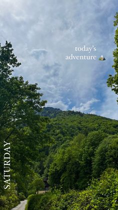 the road is surrounded by green trees and bushes, as well as a sign that reads today's adventure