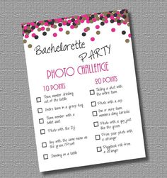 the bachelor party photo challenge is shown with pink and brown confetti on it