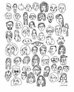 a group of people's faces drawn in black and white