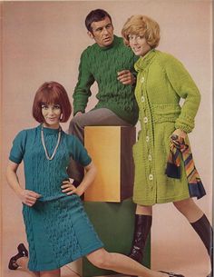 "Blue Green Buckle is a set of vintage 1960s women's knit cabled sweater dress pattern, men's knit cabled pullover sweater pattern + women's sweater coat pattern from Spinnerin booklet 195. ★ Cabled sweater dress sizes (shown left): * Bust 36\" * Bust 38\" * Bust 40\" * Bust 42\" * Bust 44\" * Bust 46\" Gauge: * 24 sts = 4\" ★ Men's sweater sizes (shown centre): * Chest 36\" * Chest 42\" * Chest 46\" * Chest 50\" Gauge: * 18 sts = 4\" ★ Women's sweater coat sizes (shown right): * Bust 42\" * Bus Sweater Coat Pattern, 1960s Sweater, Pullover Sweaters Pattern, Sweater Dress Pattern, New Dress Pattern, Cable Sweater Dress, Womens Sweater Coats, Womens Knitting Patterns, 60s 70s Fashion