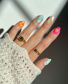 Funky August Nails, Groovy Spring Nails, Fun Retro Nails, Multi Nail Designs, Funky Bright Nails, Thailand Nails Bangkok, Colorful Summer Nail Designs, Two Different Hand Nails, Funky Fun Nails